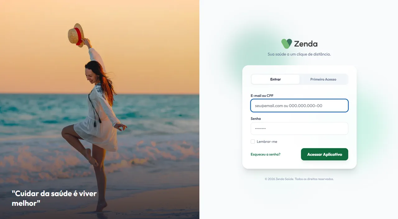 Tela de login da plataforma Zenda Saúde